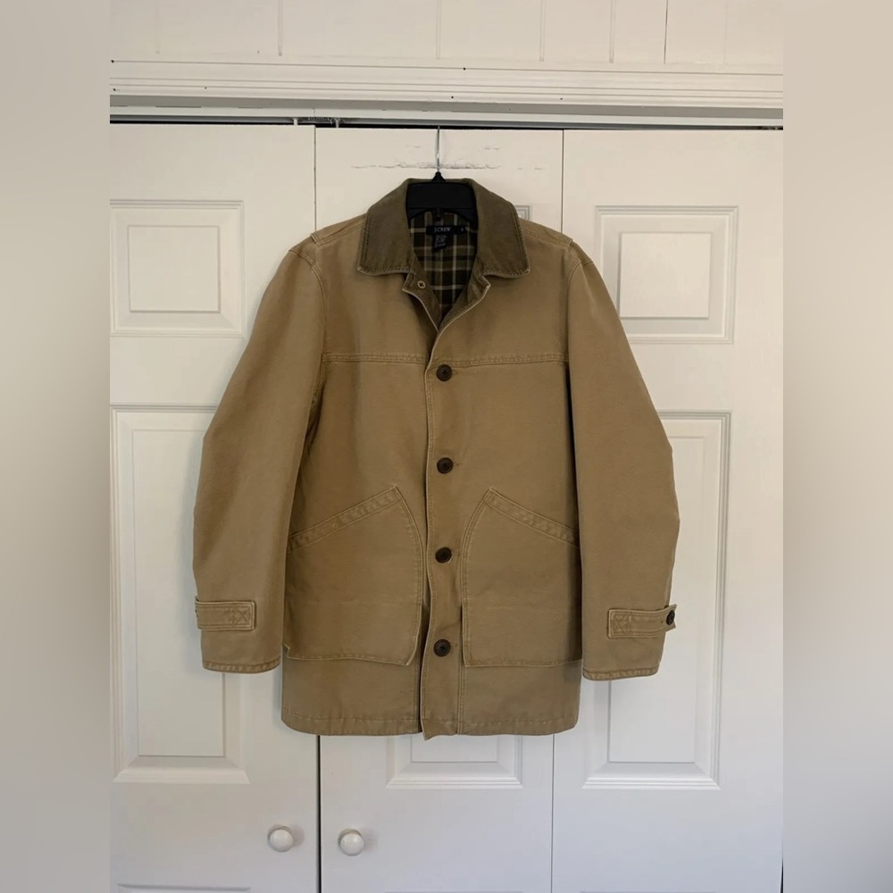 Vtg J.Crew Mens XS Tan Barn Chore Coat Plaid Flannel Lined Corduroy Collar